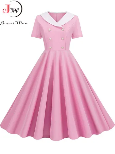 Imagen 1 del producto Vestido Midi de verano para mujer, vestido veraniego elegante rosa Vintage para fiesta, vestido informal de manga corta con cuello Peter pan