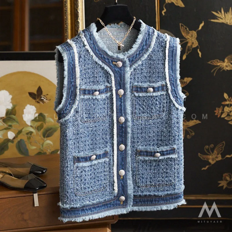 

Women Denim Vests Coats Solid Jackets Raw Hem Pocket Round Neck Sleeveless Single Breasted Loose Fit Office Casual 2026 Spring