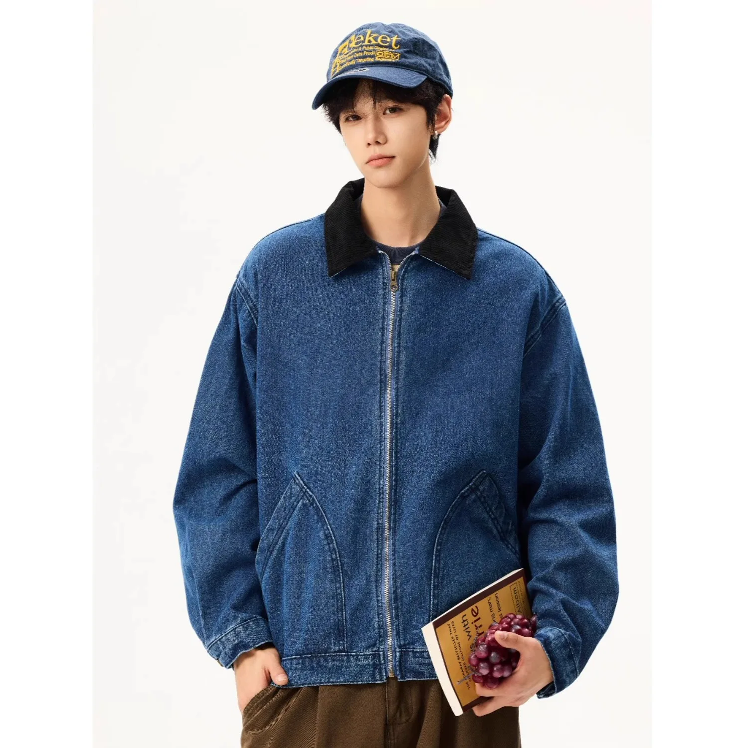 

Retro Waed Canvas Work Jaet Men's k Blue Street Sle Cleanfit Detroit Coat Loose Fit Polyester Fiber Spring Autumn Wi...