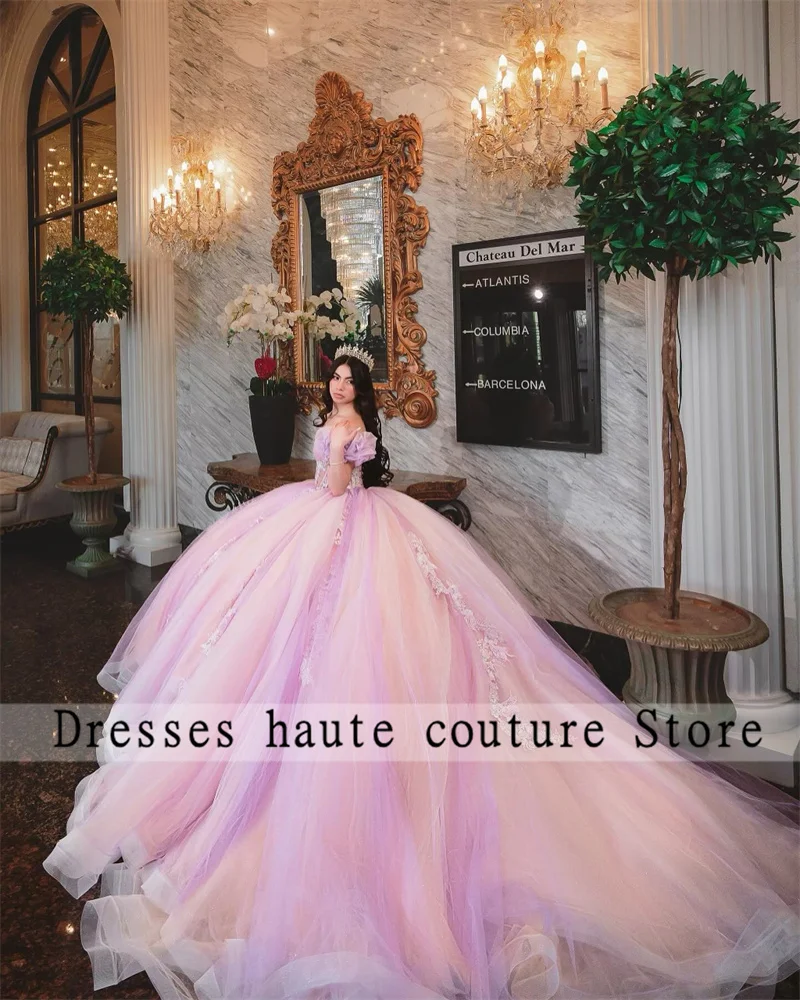 ชุดเจ้าหญิงชุดไปงานเต้นรำ quinceanera 2024ลูกไม้เปิดไหล่ appliques PROM Sweet 15 vestidos de cerimonia