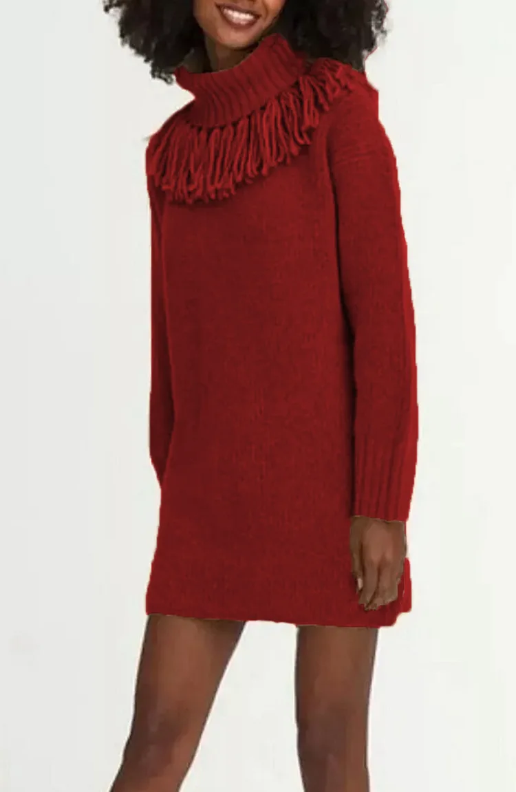 

Casual Knitted Dress For Women Autumn Winter New Solid Color High Collar Long Sleeved Tassel Sweater Fashion Loose Mini Dresses