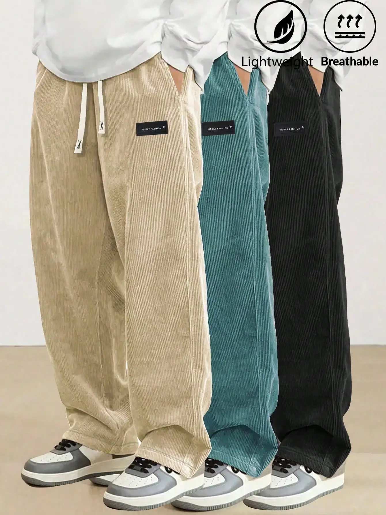 

3pcs Men's Drawstring Waist Corduroy Straight Leg Casual Pants, Fashion Retro Style Sweatpants For Spring/Autumn