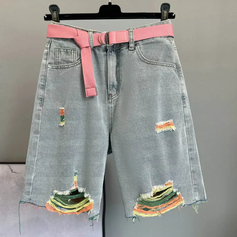 

Summer 2023 Women's High Waist Slimming Color Blo Straight Leg Five-Quarter ort Jeans with Hole And Frayed Hem