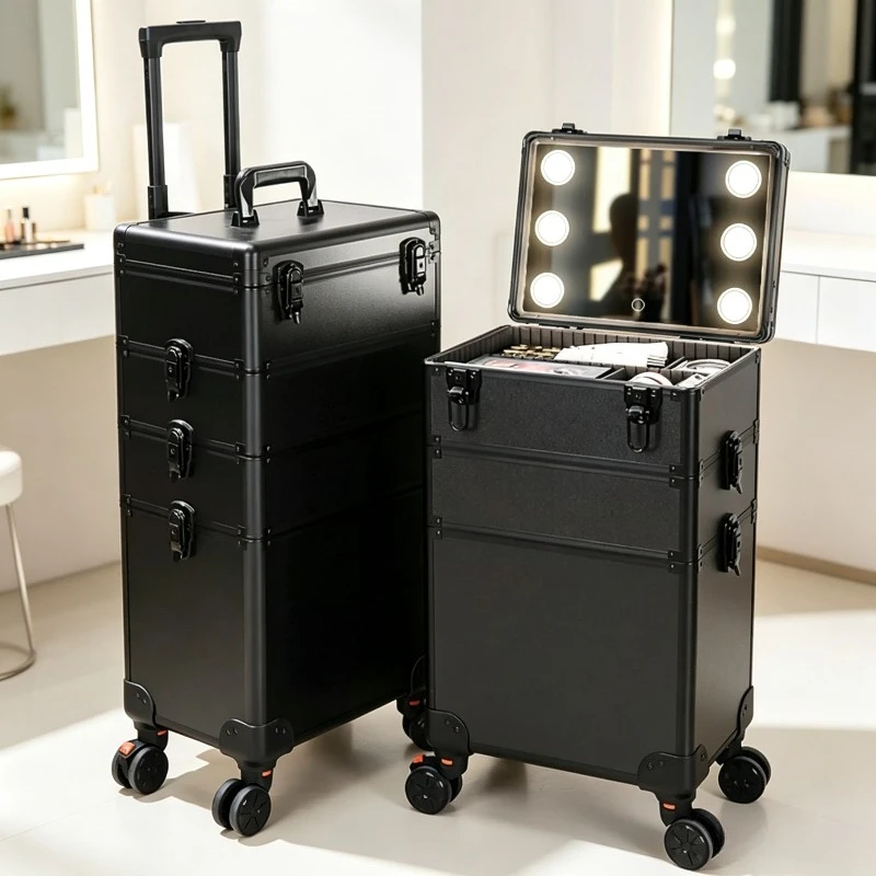 Aluminum Lighted Makeup Trolley, 3-Color Dimmable USB Power Support, Professional Mobile Vanity with Thickened Silent Casters