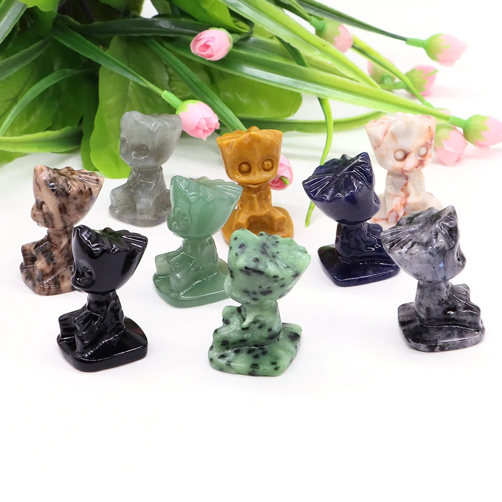 40mm Tree Man Monsters Statue Natural Healing Reiki Crystal Stone Carving Cartoon Cute Figurine Crafts Home Decoration Ornament