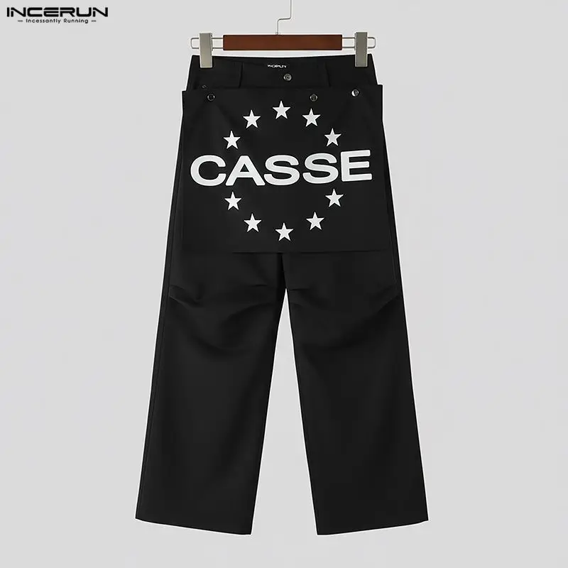INCERUN الرجال السراويل الطباعة المرقعة زر ركض السراويل الرجال الشارع الشهير فضفاض موضة عادية الذكور السراويل الطويلة شخصية