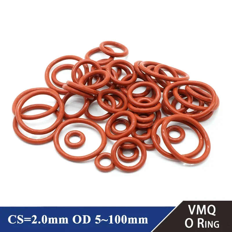 10/50Pcs Food Grade VMQ O Ring Gasket CS 2mm OD 5 ~ 100mm Waterproof Washer Round O Shape Rubber Silicone Ring Red