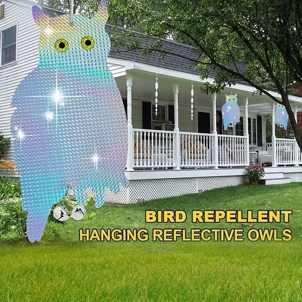Dispositivo per spaventare uccelli finti in plastica impermeabile con gufo spaventapasseri laser a doppia faccia con campanelli Repellente per uccelli Decorazione per balcone
