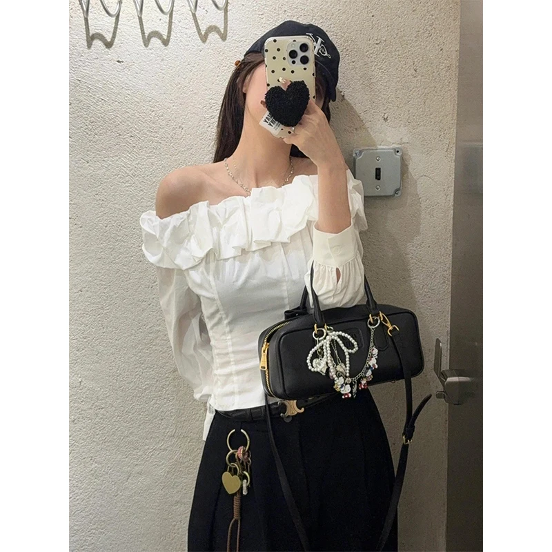 Y2K Cropped White Shirts Women Fashion Sexy Gyaru Slash Neck Folds Blouses Summer Korean Elegant Long Sleeve Slim Design Tops