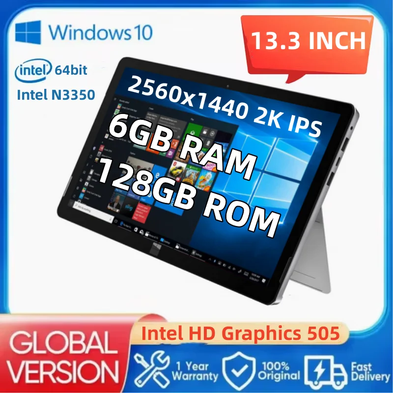 Tableta portátil de 13,3 pulgadas, dispositivo EMMC con Windows 10, 6GB de DDR3-RAM, 128GB, 2560x1440, 2K, IPS, 64 bits, Intel Atom N3350, cámara Dual tipo C