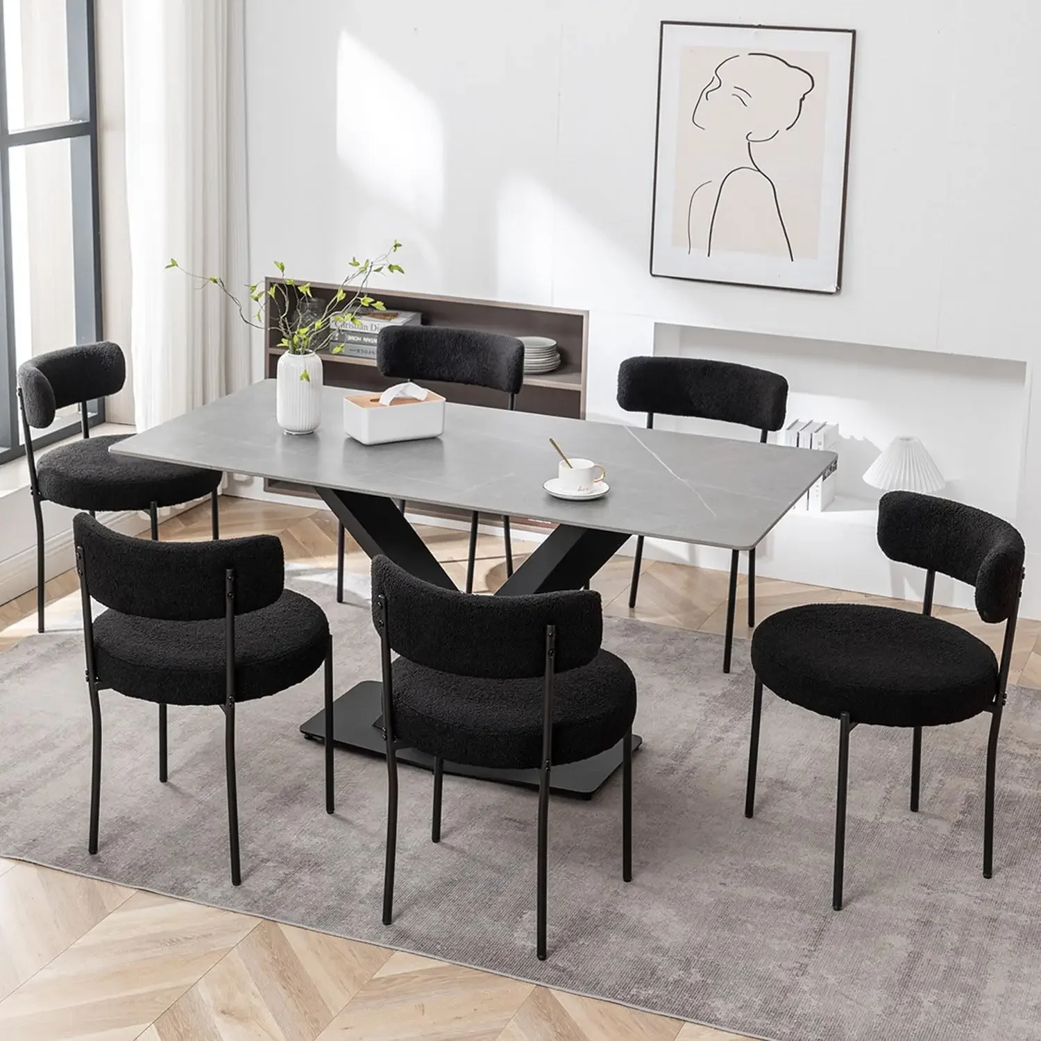 

Black Boucle Dining Chairs Set of 6, Upholstered Dining Room Chairs with Black Metal Legs, Round Modern Dining Chair, Kitchen