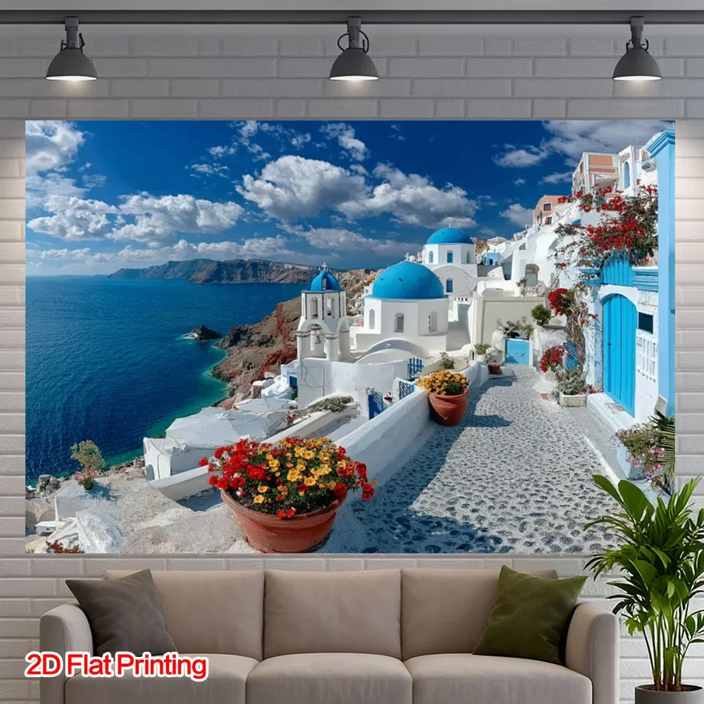 Large Santorini Greece Wall Tapestry Mediterranean Blue Dome Coastal View Artwork Canvas Decor for Living Room Bathroom Bedroom