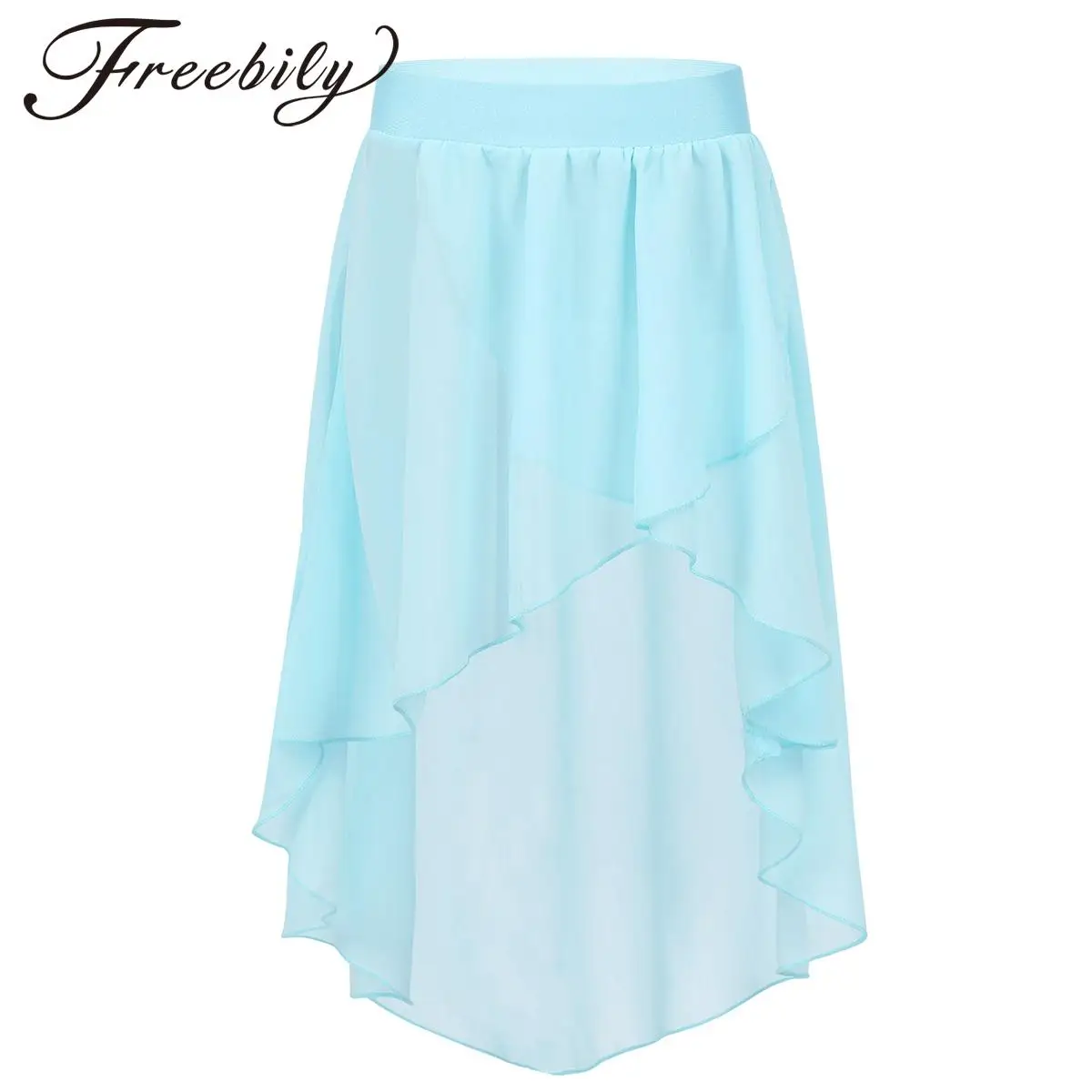 Kids Girls Modern Lyrical Dance Skirt Elastic Waistband High-Low Chiffon Skirt for Jazz Latin Dancing Ballet Skating Performance