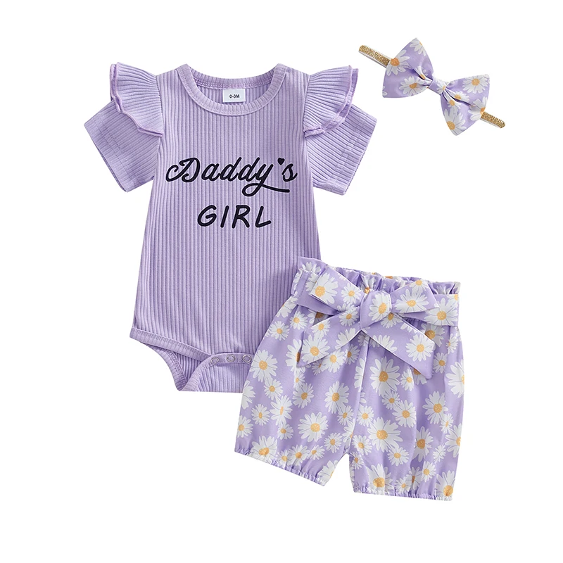 

Baby Girls Summer Outfits Letter Print Short Sleeve Romper with Daisy Belted Shorts and Headband 3Pcs Set