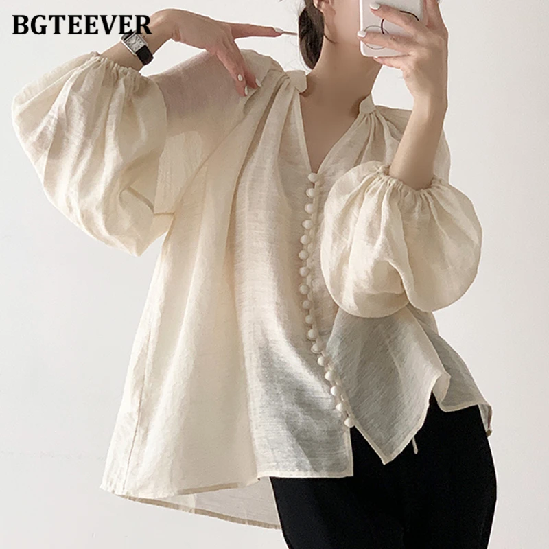 BGTEEVER Casual V-neck Loose Lace-up Women Shirts Tops Spring Autumn Stylish Lantern Sleeve Cotton Linen Women Blouses