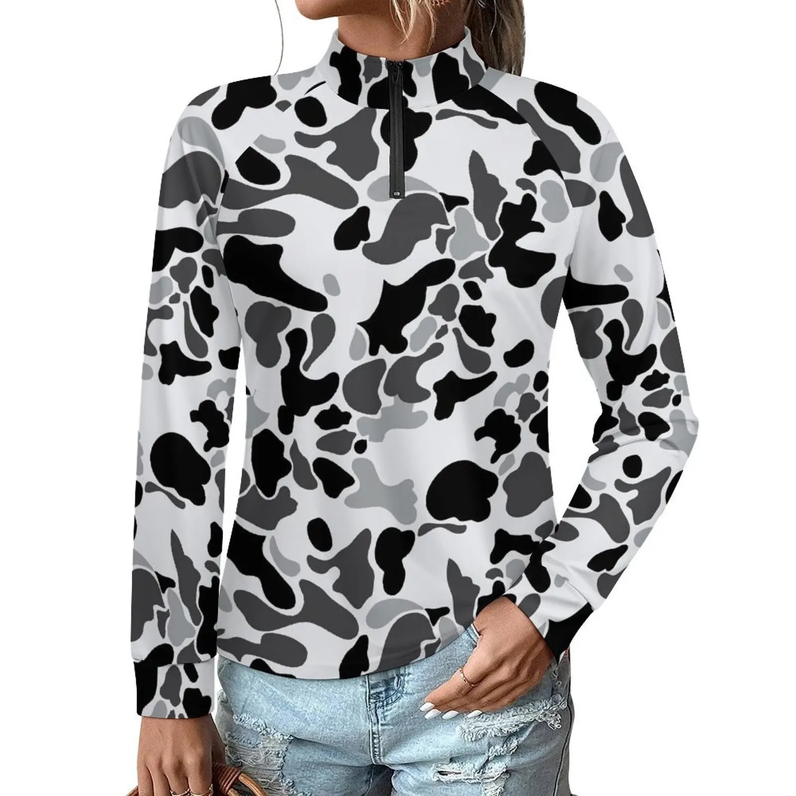 Hot Sale Custom Logo Fashion Ladies Form-fitting quick-drying clothes Snow Camo Print Zippered collar Long sleeves T-shirt