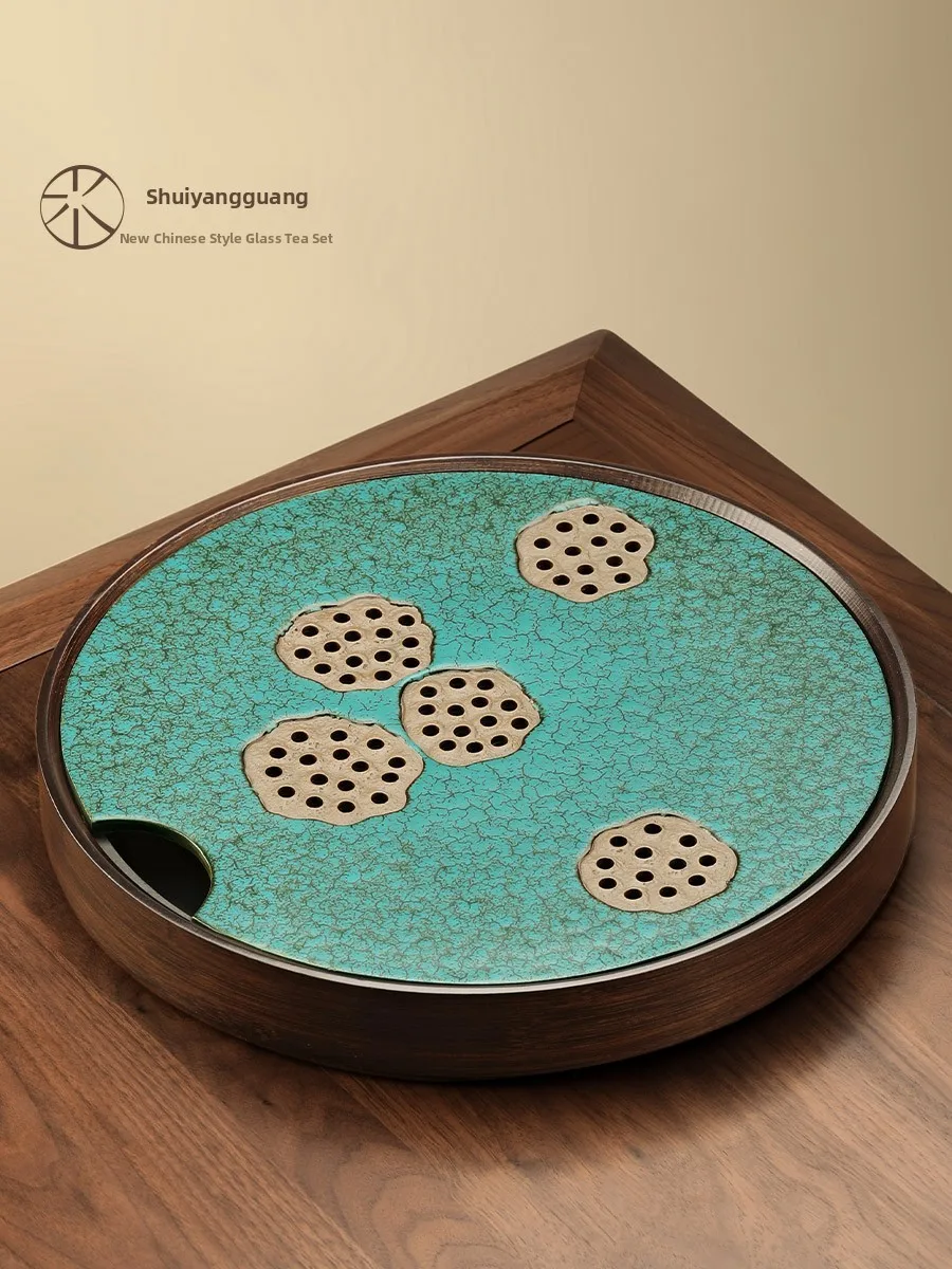 

Керамический чайный поднос в ретро-китайском стиле с бамбуковым декором, круглый, для домашнего использования, с функцией сбора воды и дренажа, для чайной церемонии