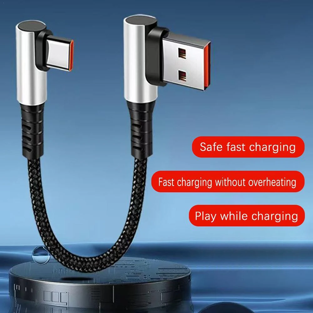 6A L자형 고속 충전 케이블, 90도 엘보형 USB A to Type C 숏 브레이디드 데이터 케이블 (모든 스마트폰용)