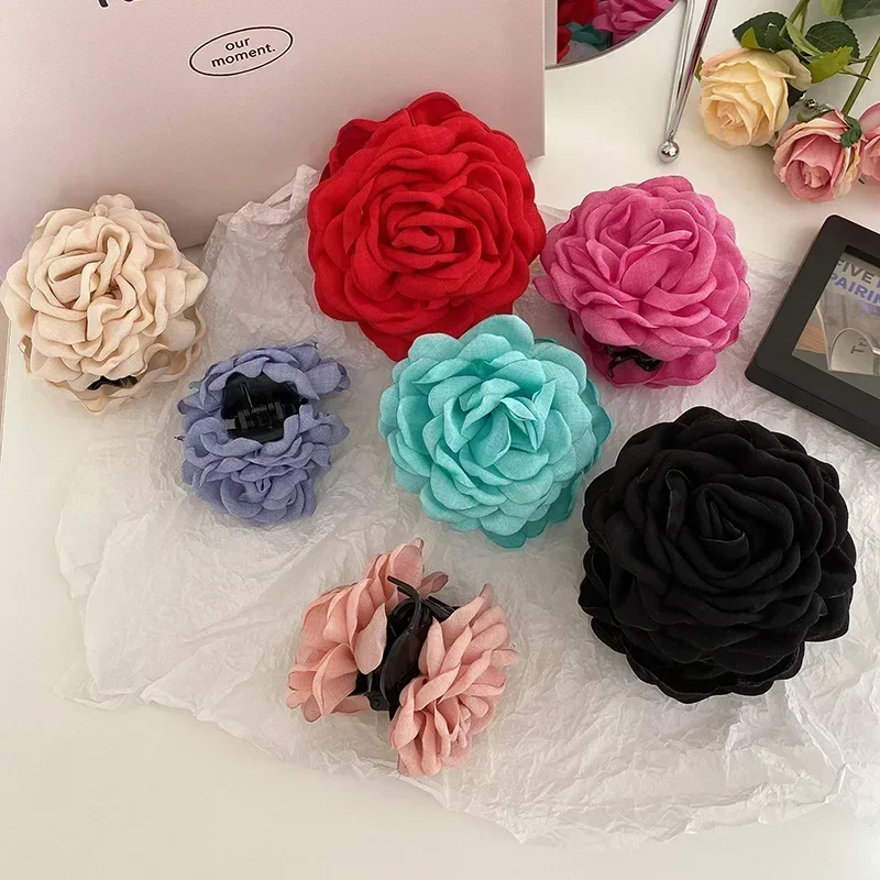 Fabric Rose Flower Hair Claw Clip Women Girls Korean Fashion Barrettes Plastic Hair Grab Clamp Headwear Hair Styling Accessories