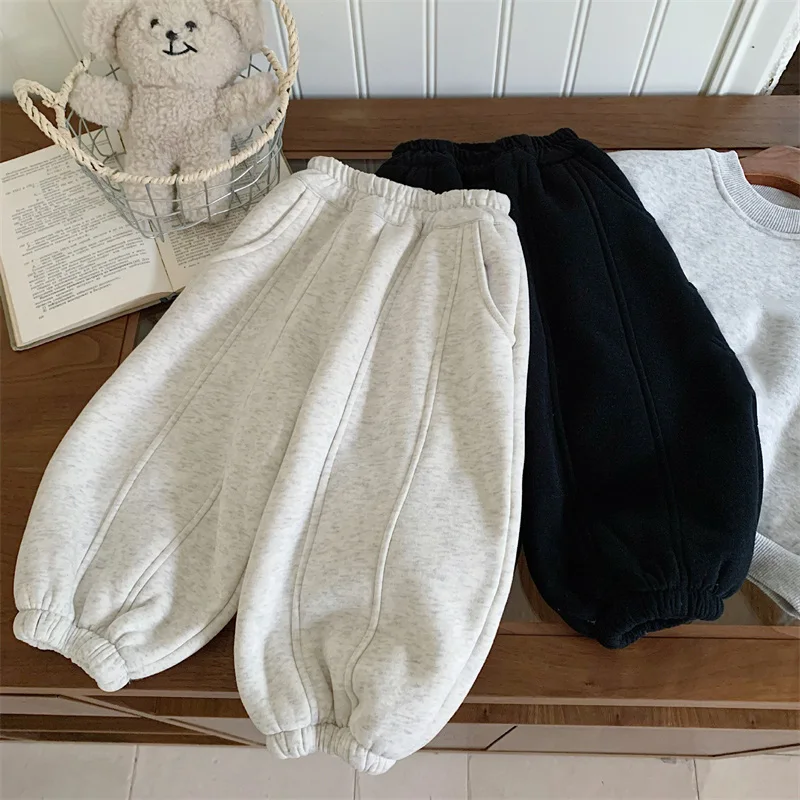 Boys Girls Thick Cotton Pants Children Winter Padded Plush Velvet Warm Trousers Teenager Casual Snow Sports Pants 3-10 Years