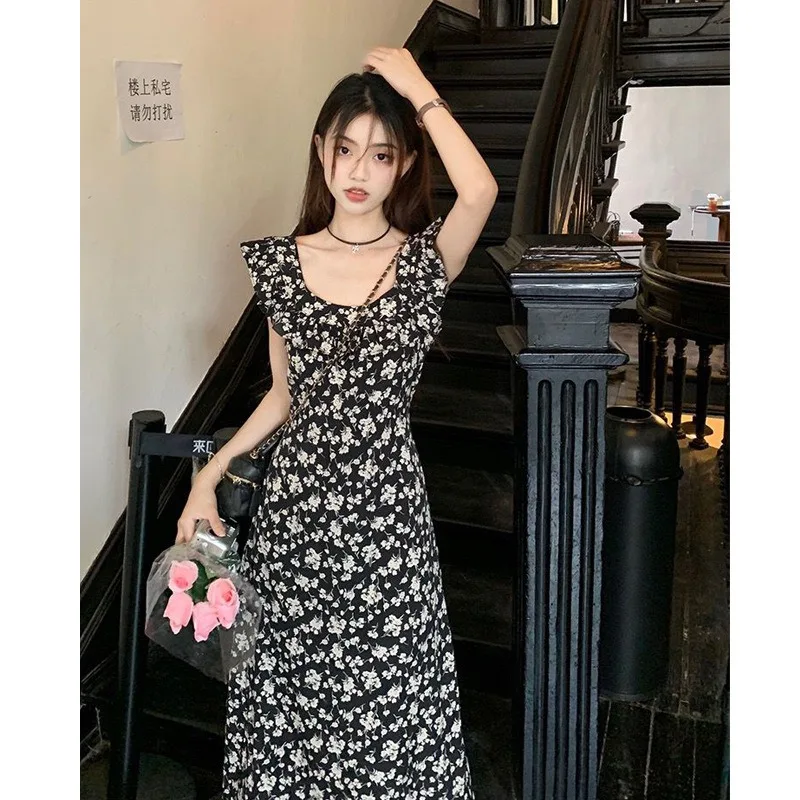

Summer New Women Ruffled Floral A-word Dress High-waisted Slim Square Neck Long Dress Black Holiday Beach Commute Women Clothing