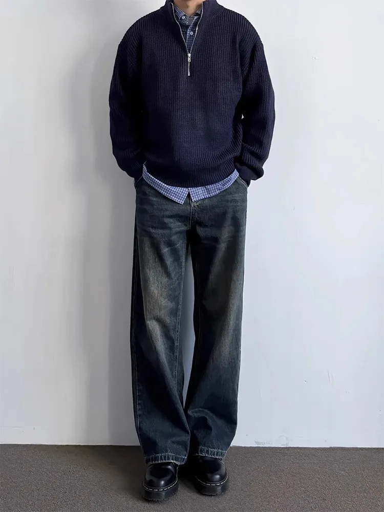 

Deep Blue Men's Jeans Loose Wide Leg Straight Tube Pants Autumn Winter Cleanfit Comfortable Slimming Effect Casual Denim Jeans