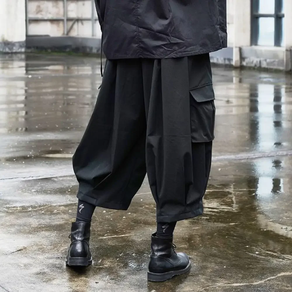 Y2k Tide Niche Dark Black Cropped Pants Men's Wear Dark Style Overalls Trousers Casual Ankle-length Loose Samurai Pants