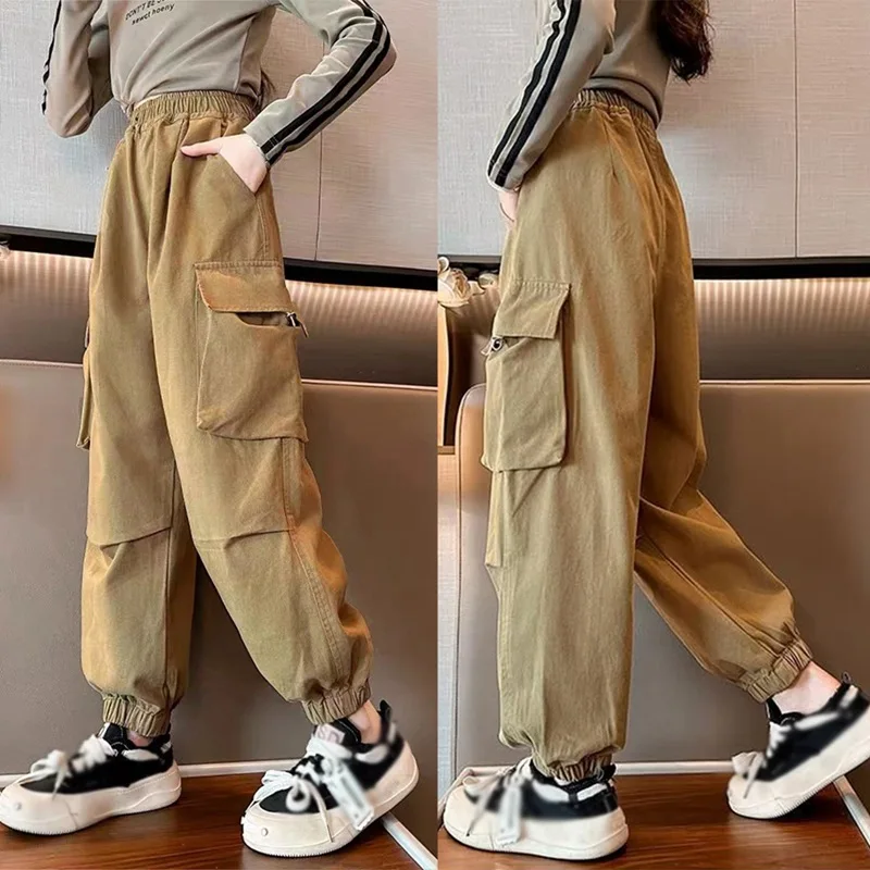 Multiple Pockets Kids Cargo Pants Children Casual Sweatpants Elastic Waist Leg Trousers Straight Wide Pant Children's Clothing