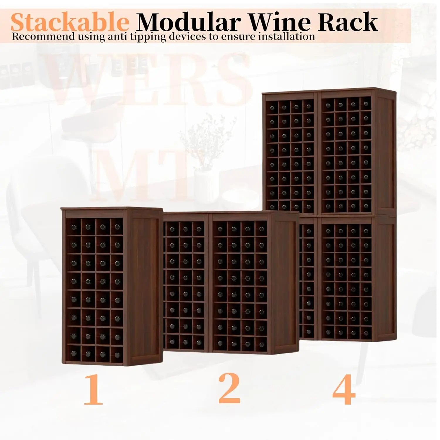 8-Tier Wood Wine Rack 32 Bottles Freestanding Stackable Modular Countertop Small Space Farmhouse Storage Walnut, Customized