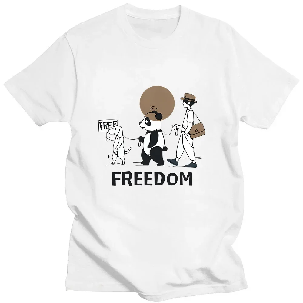 Freedom Panda Dog Man Printed T-shirt 100% Cotton Tees Cartoon Graphic T Shirts Unisex Summer Loose Clothing O-neck Short Sleeve