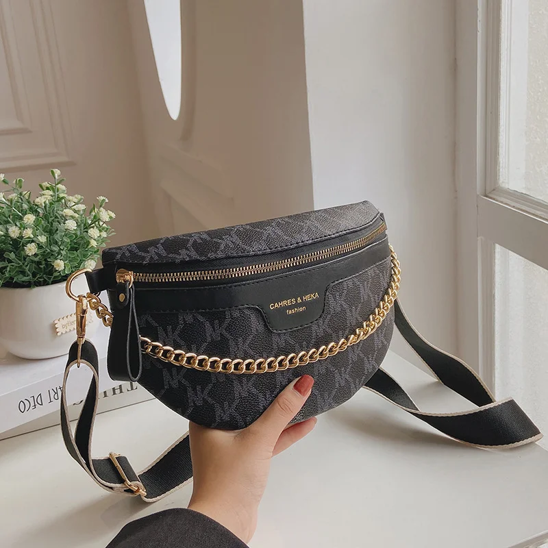 Luxury Letter Printed PU Leather Chain Waist Bags For Women Stylish Waist Pack Female Fanny Pack Wide Strap Crossbody Chest Bag