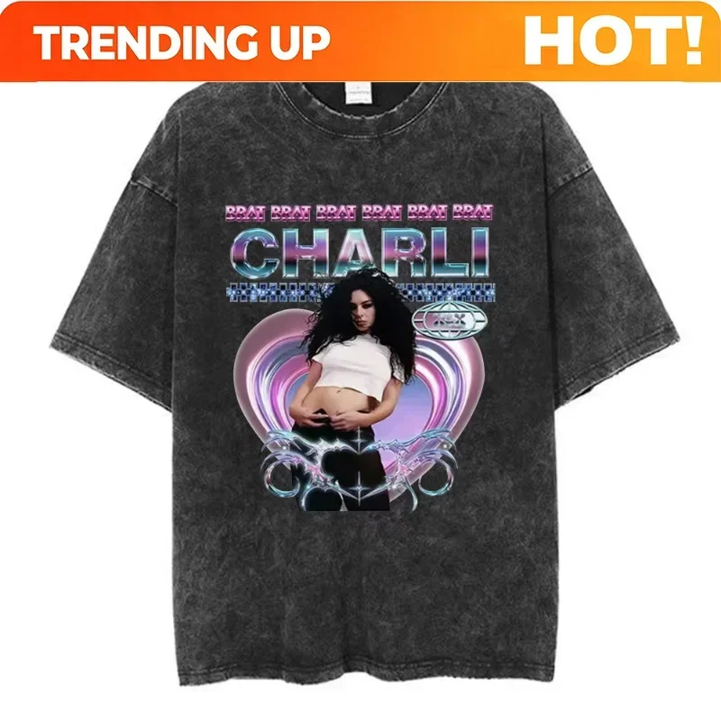 Customization Charli Xcx 365 Party Girl Brat Album Vintage Washed Tshirt Men Women Fashion Harajuku T-shirt Casual Loose T-shirt