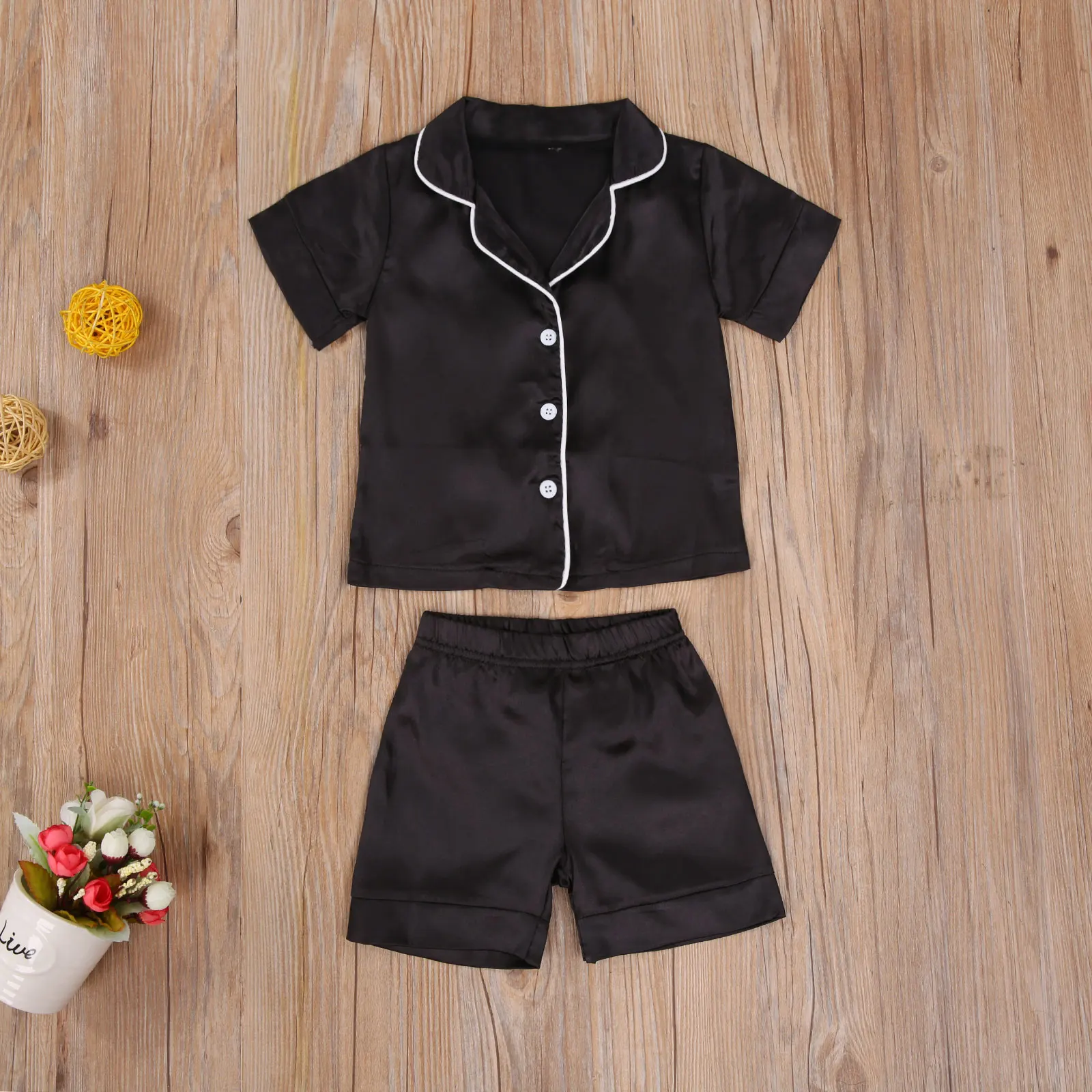 Toddler Baby Black Satin Pajamas Infant Boy Short Long Sleeve Short Long Pants Sleepwear Casual Button Two-pieces Set