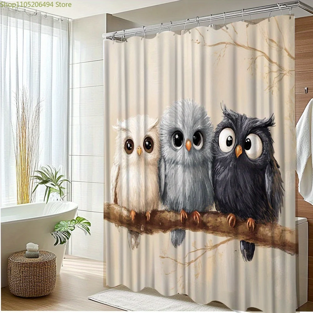 1pc Cute Owl Shower Curtain Bathroom Decor with 3 Colorful Owls (White, Grey, Black) - High Quality, Machine Washable Bath Cur