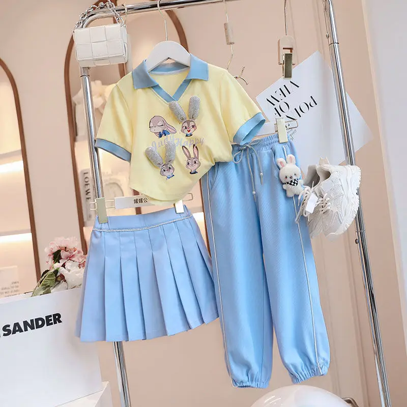 Retail New 2023 Teenage Cartoon Casual Suits,  Baby Girls  Fashion Summer  2 Piece Sets,  Top+ Pants or Skirts     4-12 T