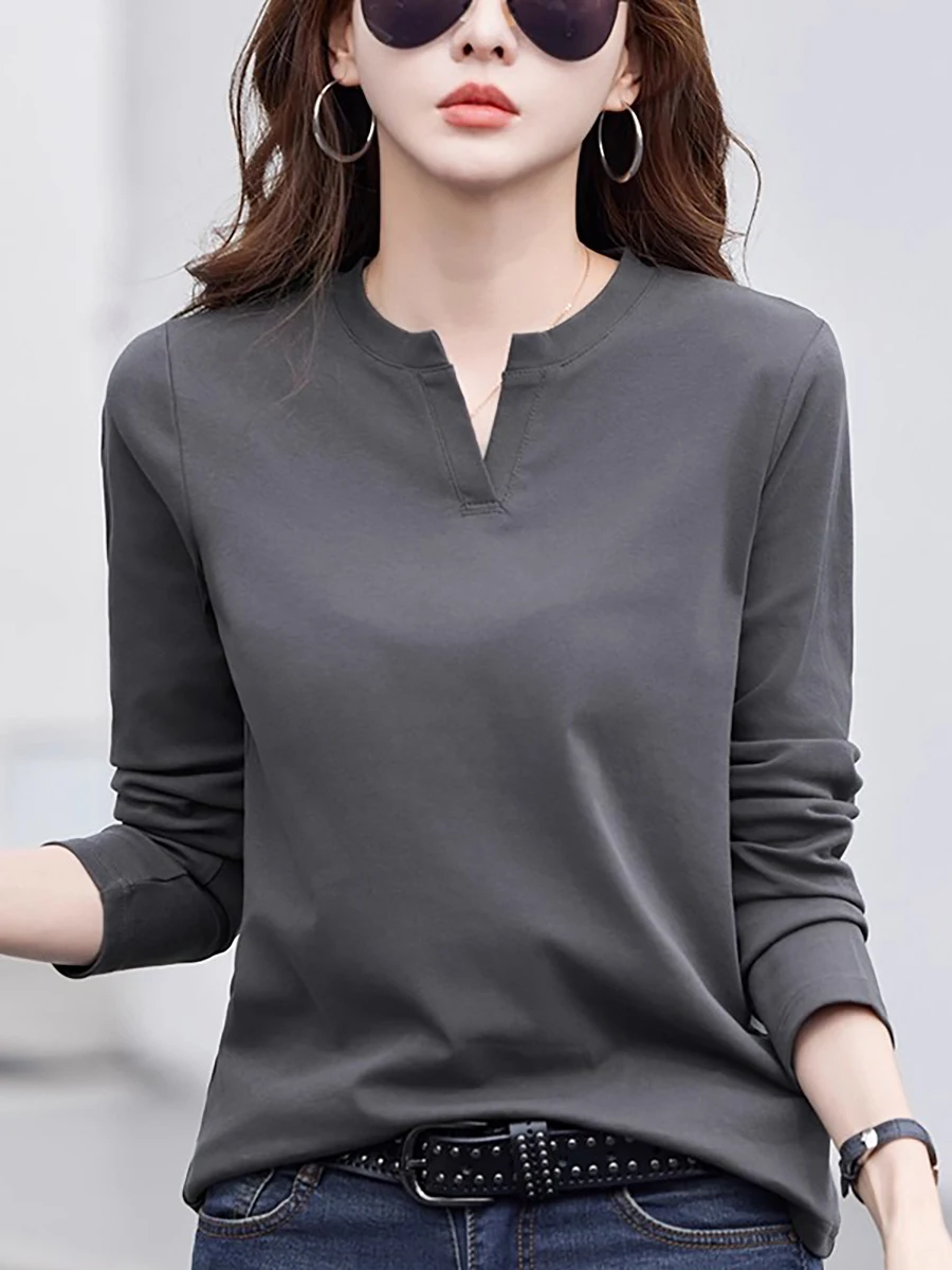 

Women's Pure Cotton Long Sleeve V-Neck T-Shirt Slimming Base Layer Shirt for Autumn Winter Fashionable Print Breathable Casua...