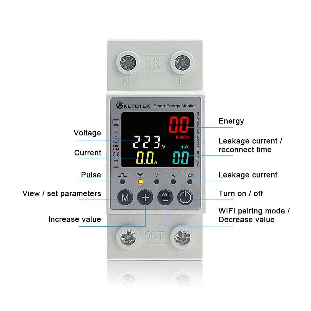 Tuya WiFi Smart Power Meter Over Under Voltage leakage Current Protector Circuit Breaker 63A 220V Energy kWh Meter Wattmeter