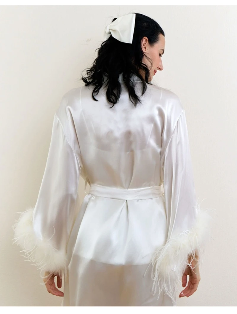 Luxury Mulberry Silk Women's Pajamas Baby Blue Silk Casual Home Wear Feather Cuff Decoration High-end Women Comfortable Loose - view 2