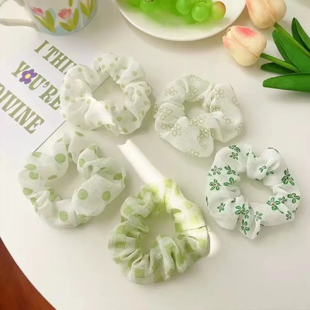 Summer Fresh Green Floral Plaid Scrunchies Simple Fashion Polka Dot Elastic Hair Bands Sweet Hair Tie Ropes Ponytail Holder Gift