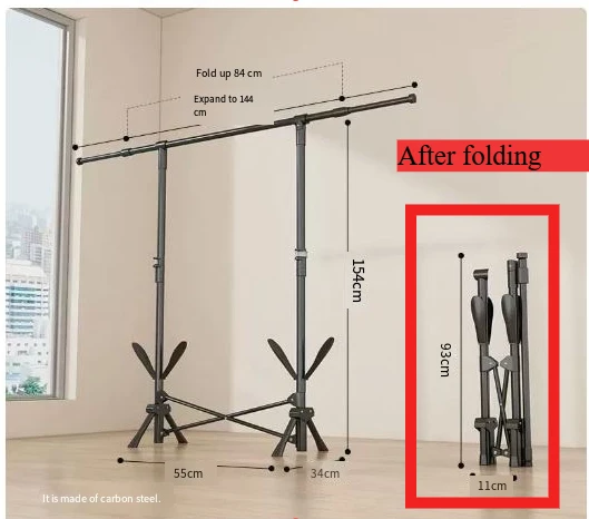 

Telescopic Folding Clothes Rack, Movable Floor Garment Hanger, Easy Quilt Drying Bracket for the elderly