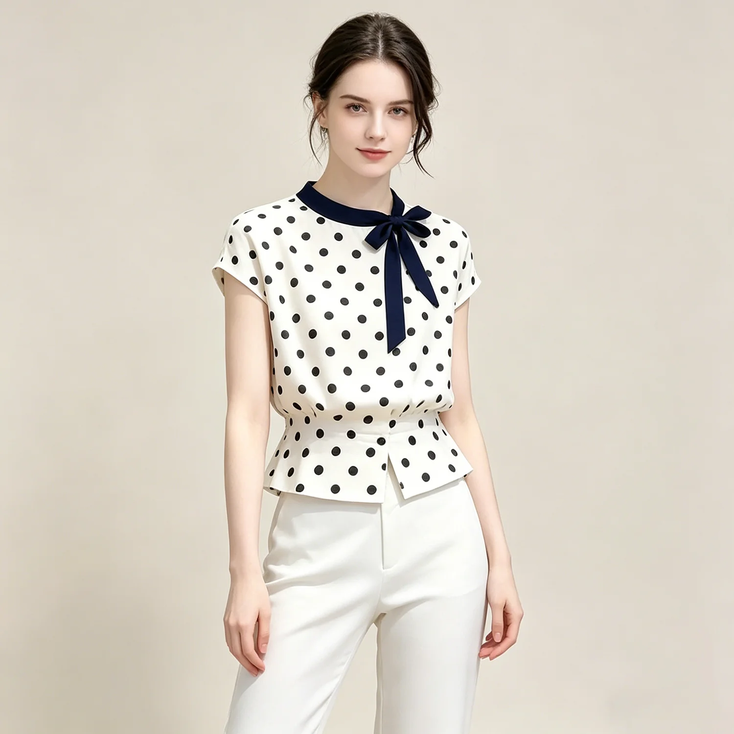 

PUAL Women's Polka Dot Peplum Top：Elegant Bow Neck Short Sleeve Blouse for Office & Daily