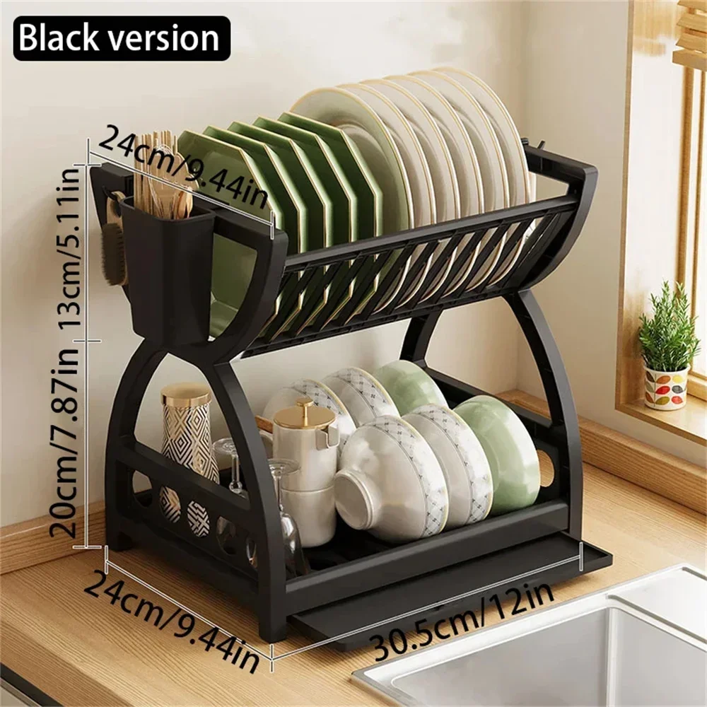 2-Tier Dish Drying Rack Kitchen Countertop Drainer Shelf Large Capacity Bowl Plate Organizer Space Saver with Utensil Holder