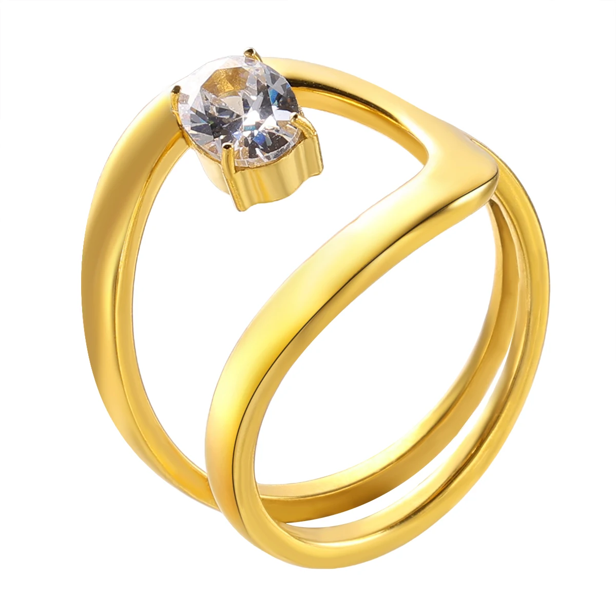 

JINHUI Luxury Shiny Stainless Steel White Cubic Zirconia Geometric Rings for Women Double Layer Hollow Out Waterproof Jewelry