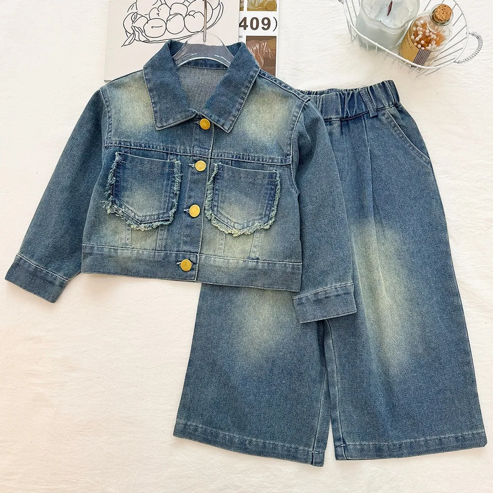 Girl's fringed pocket buckle washed and worn short denim two-piece set, autumn elastic waist wide leg pants set, trendy