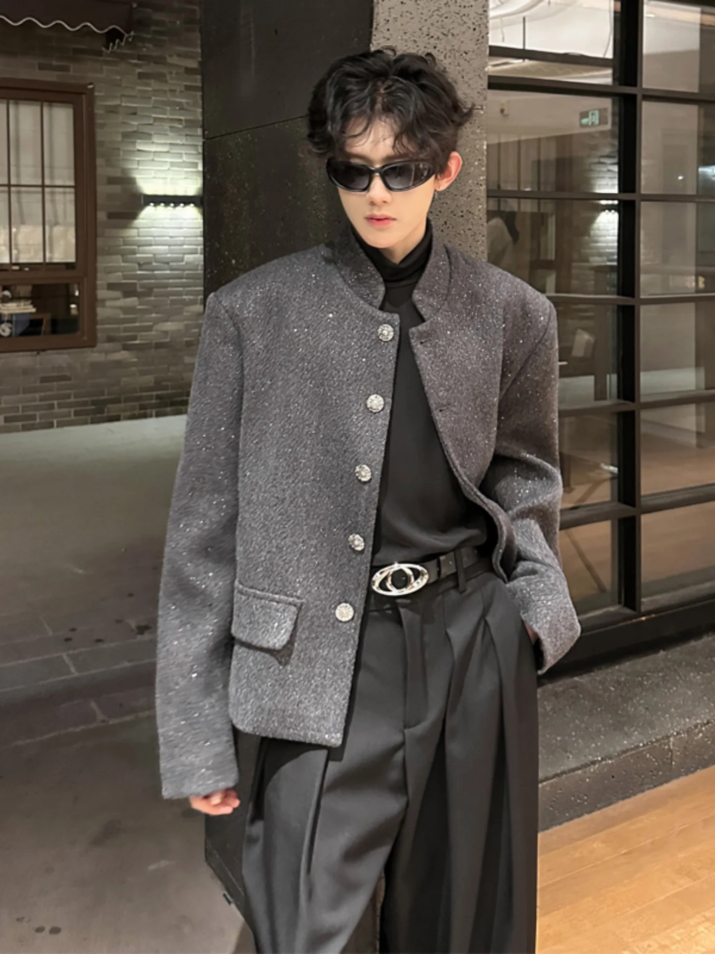 

Мужская шерстяная куртка Tianxing с подплечниками, повседневная, осенне-зимняя верхняя одежда в корейском стиле, однотонная, с длинными рукавами