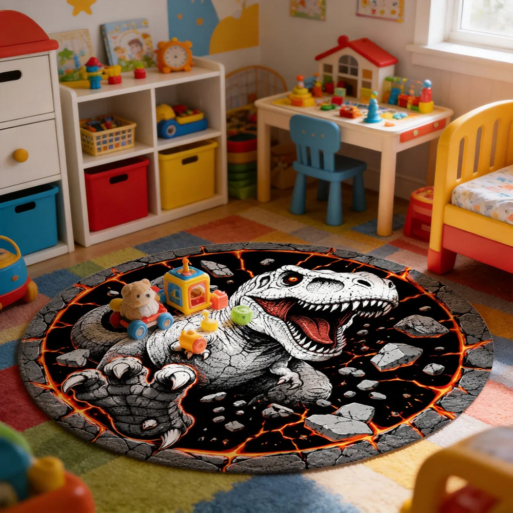 Dinosaur Roar Cave Scene Round Area Rug for Living Room Hallway Entrance Mat Pet Play Mat