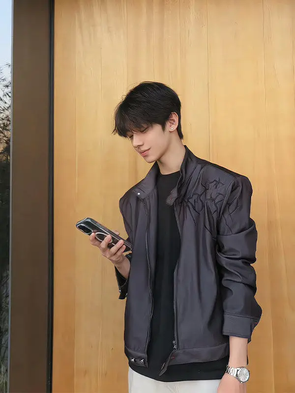 

Spring oulder Length Embroidered Jaet Men's ort Stand Collar Motorcycle Sle Bla American High Faion Trendy Youth ...