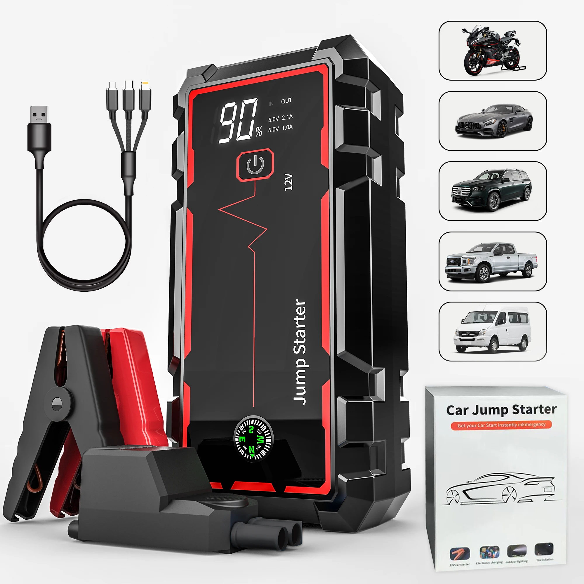 AntPower 4-w-1 urządzenie do uruchamiania awaryjnego samochodu ze sprężarką powietrza Peak 1600A wzmacniacz do akumulatora samochodowego 150PSI pompa powietrza przenośny Power Bank inflator opon — 2