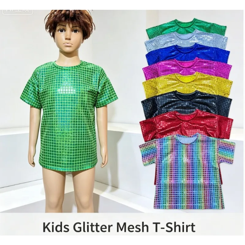 

Versatile Short Sleeve T-Shirt Plaid Square Sequins Performance Costume Adult Children's Cheerleading T-Shirt