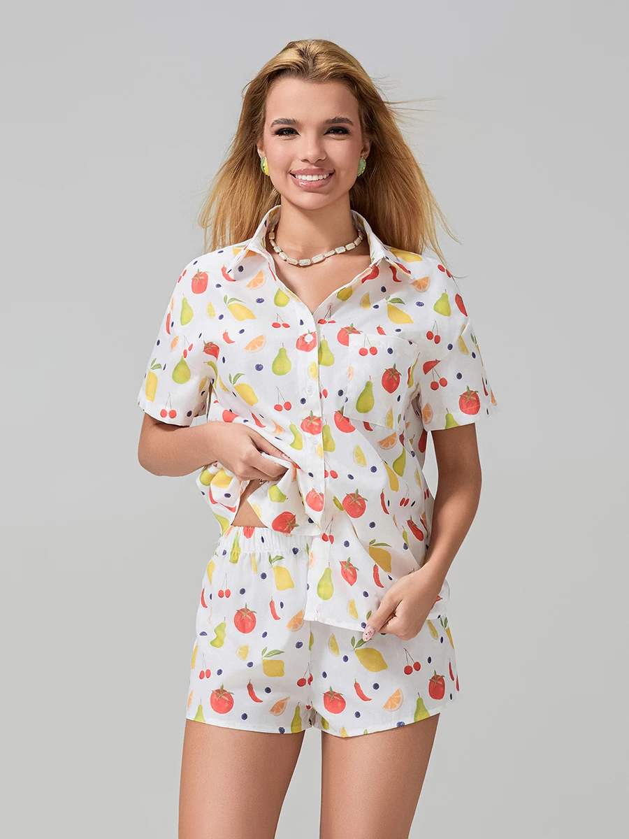 Summer Women 2PCS Sleepwear Set With Fruit/Flower Printed Button Down T-Shirt  Elastic Waist Shorts Casual Wear Soft Sleepwear